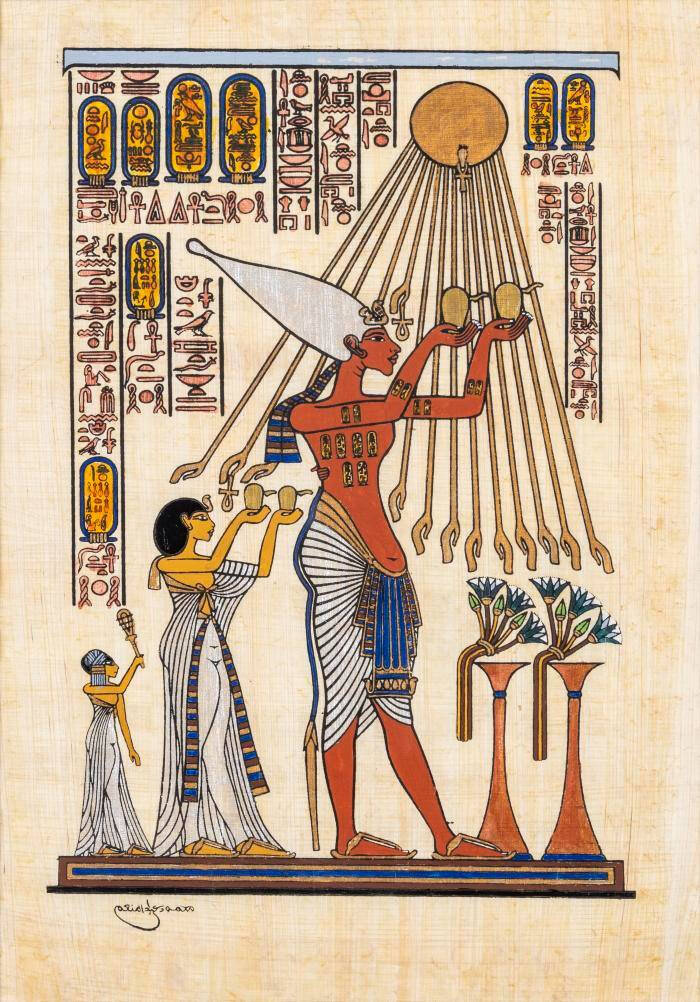Copy on papyrus paper of egyptian king and two others offering up some sort of offering to the sun.